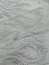 Luxury Festival Beaded Vine Lace Polyester Fabric - Heavy Beaded Mesh Lace, Double Scalloped, 50-54" Width (1 Yard)