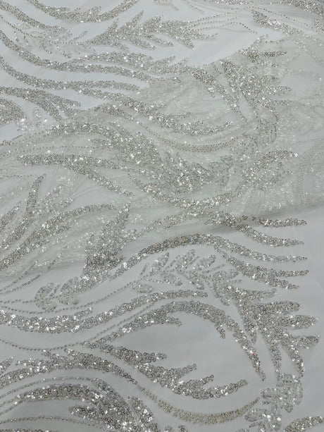Luxury Festival Beaded Vine Lace Polyester Fabric - Heavy Beaded Mesh Lace, Double Scalloped, 50-54" Width (1 Yard)