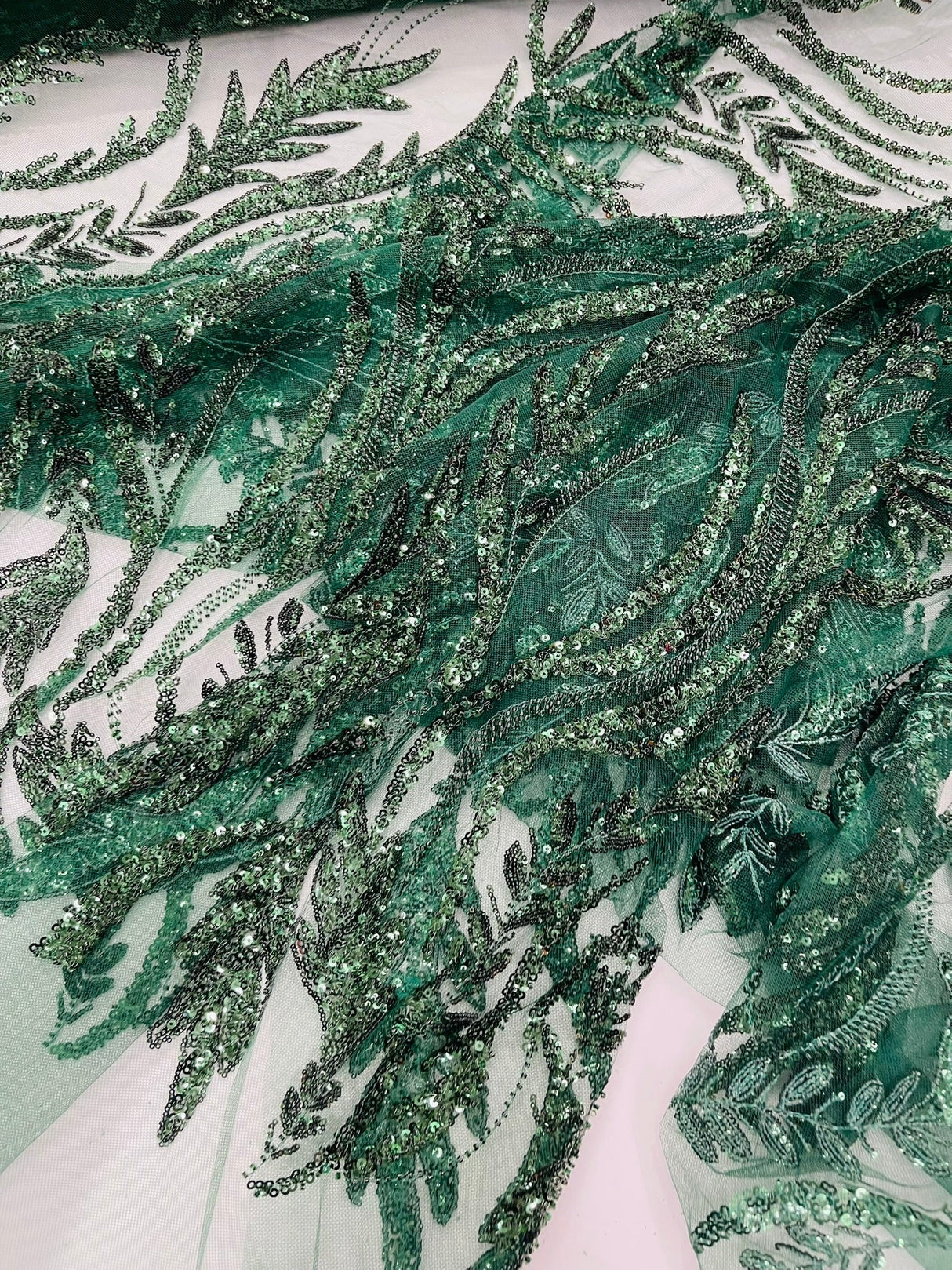 Luxury Festival Beaded Vine Lace Polyester Fabric - Heavy Beaded Mesh Lace, Double Scalloped, 50-54" Width (1 Yard)