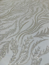 Luxury Festival Beaded Vine Lace Polyester Fabric - Heavy Beaded Mesh Lace, Double Scalloped, 50-54" Width (1 Yard)