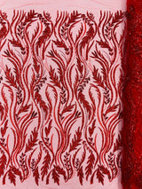 Luxury Festival Beaded Vine Lace Polyester Fabric - Heavy Beaded Mesh Lace, Double Scalloped, 50-54" Width (1 Yard)