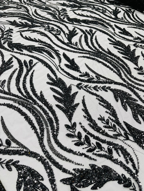 Luxury Festival Beaded Vine Lace Polyester Fabric - Heavy Beaded Mesh Lace, Double Scalloped, 50-54" Width (1 Yard)