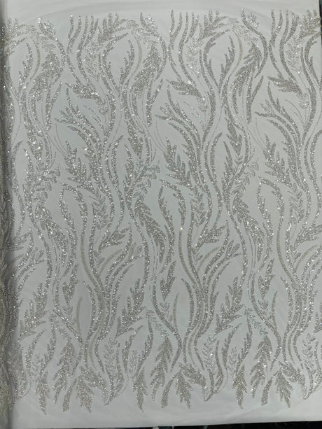 Luxury Festival Beaded Vine Lace Polyester Fabric - Heavy Beaded Mesh Lace, Double Scalloped, 50-54" Width (1 Yard)