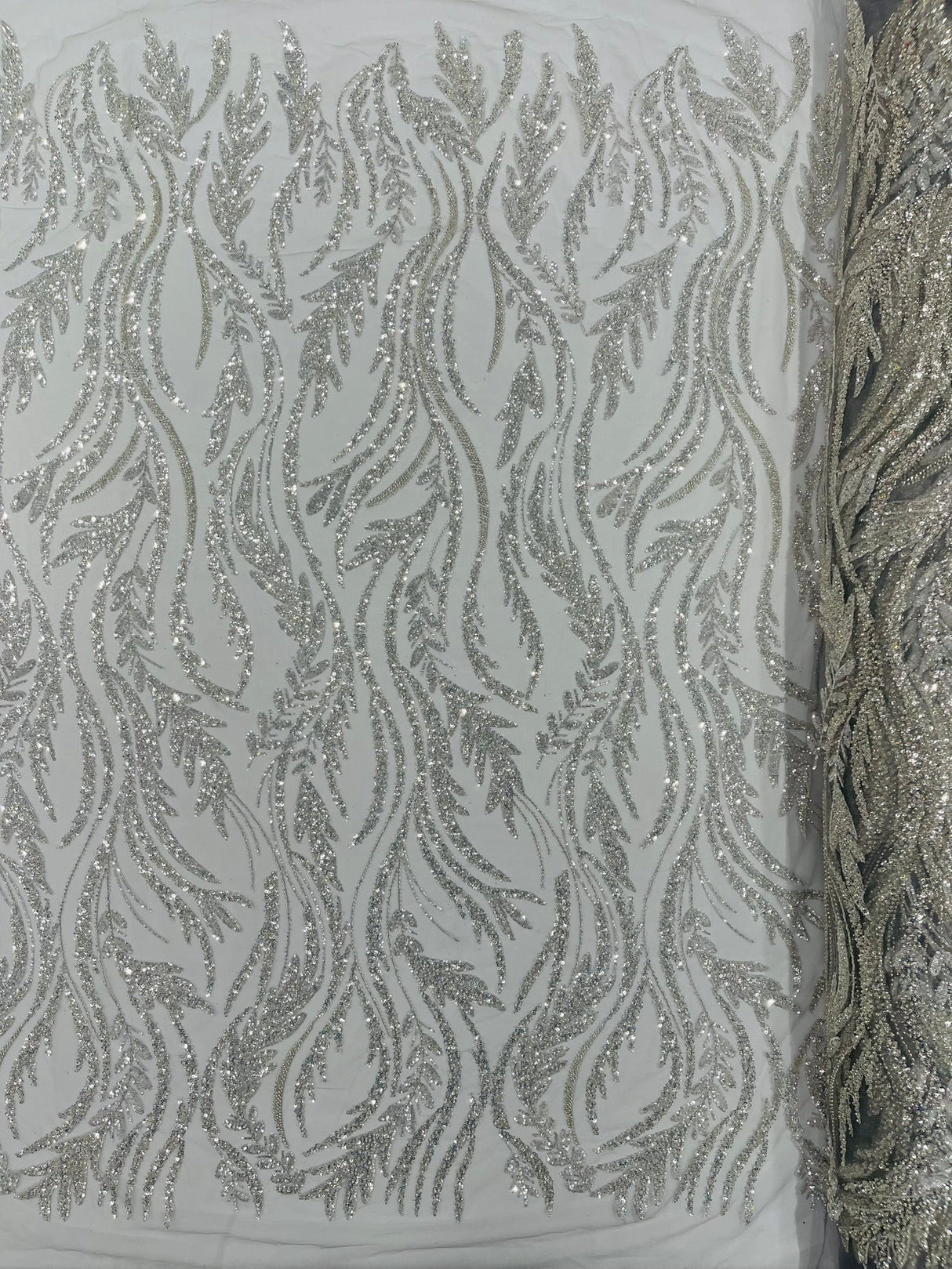 Luxury Festival Beaded Vine Lace Polyester Fabric - Heavy Beaded Mesh Lace, Double Scalloped, 50-54" Width (1 Yard)