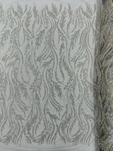 Luxury Festival Beaded Vine Lace Polyester Fabric - Heavy Beaded Mesh Lace, Double Scalloped, 50-54" Width (1 Yard)