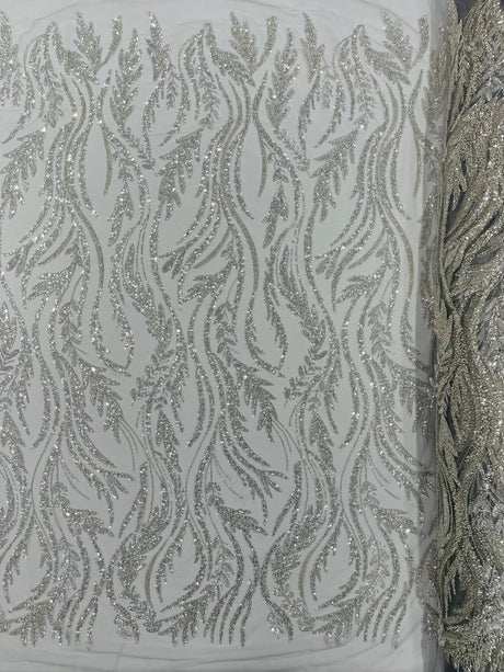 Luxury Festival Beaded Vine Lace Polyester Fabric - Heavy Beaded Mesh Lace, Double Scalloped, 50-54" Width (1 Yard)