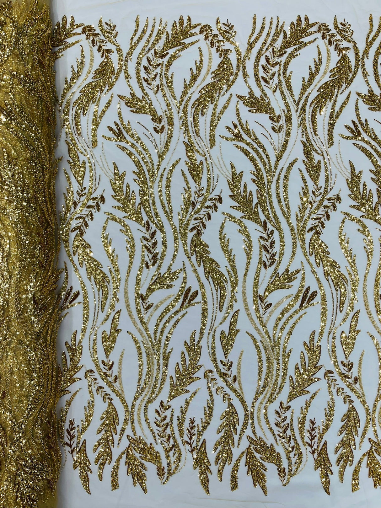Luxury Festival Beaded Vine Lace Polyester Fabric - Heavy Beaded Mesh Lace, Double Scalloped, 50-54" Width (1 Yard)