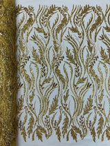 Luxury Festival Beaded Vine Lace Polyester Fabric - Heavy Beaded Mesh Lace, Double Scalloped, 50-54" Width (1 Yard)