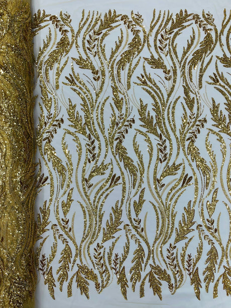 Luxury Festival Beaded Vine Lace Polyester Fabric - Heavy Beaded Mesh Lace, Double Scalloped, 50-54" Width (1 Yard)