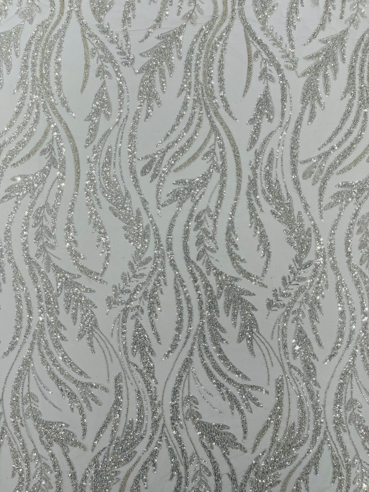 Luxury Festival Beaded Vine Lace Polyester Fabric - Heavy Beaded Mesh Lace, Double Scalloped, 50-54" Width (1 Yard)