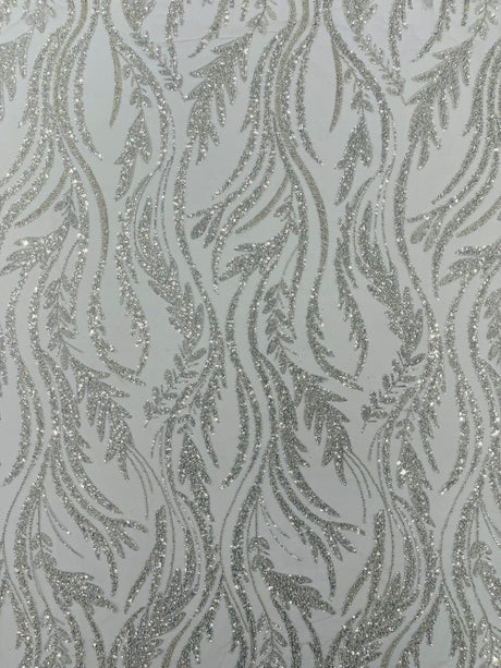 Luxury Festival Beaded Vine Lace Polyester Fabric - Heavy Beaded Mesh Lace, Double Scalloped, 50-54" Width (1 Yard)