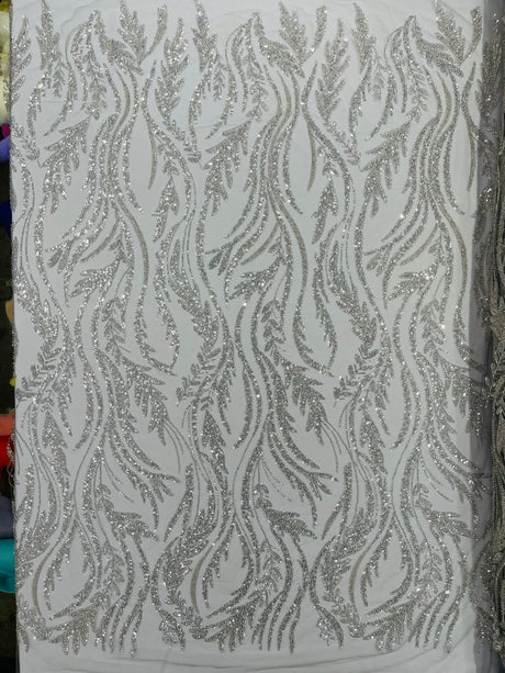 Luxury Festival Beaded Vine Lace Polyester Fabric - Heavy Beaded Mesh Lace, Double Scalloped, 50-54" Width (1 Yard)