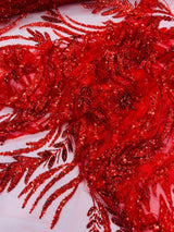 Luxury Festival Beaded Vine Lace Polyester Fabric - Heavy Beaded Mesh Lace, Double Scalloped, 50-54" Width (1 Yard)