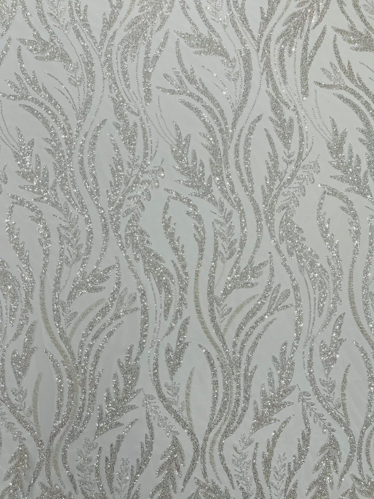 Luxury Festival Beaded Vine Lace Polyester Fabric - Heavy Beaded Mesh Lace, Double Scalloped, 50-54" Width (1 Yard)