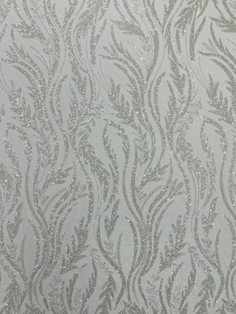 Luxury Festival Beaded Vine Lace Polyester Fabric - Heavy Beaded Mesh Lace, Double Scalloped, 50-54" Width (1 Yard)