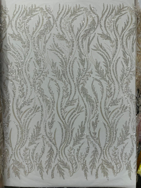 Luxury Festival Beaded Vine Lace Polyester Fabric - Heavy Beaded Mesh Lace, Double Scalloped, 50-54" Width (1 Yard)