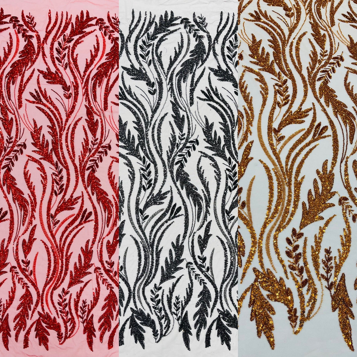 Luxury Festival Beaded Vine Lace Polyester Fabric - Heavy Beaded Mesh Lace, Double Scalloped, 50-54" Width (1 Yard)