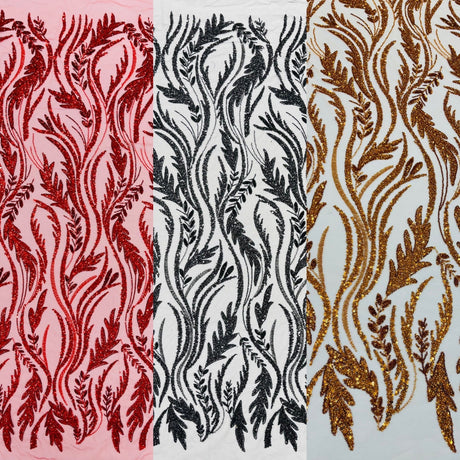 Luxury Festival Beaded Vine Lace Polyester Fabric - Heavy Beaded Mesh Lace, Double Scalloped, 50-54" Width (1 Yard)