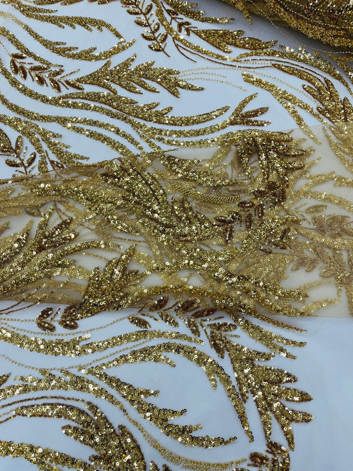 Luxury Festival Beaded Vine Lace Polyester Fabric - Heavy Beaded Mesh Lace, Double Scalloped, 50-54" Width (1 Yard)