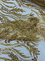 Luxury Festival Beaded Vine Lace Polyester Fabric - Heavy Beaded Mesh Lace, Double Scalloped, 50-54" Width (1 Yard)