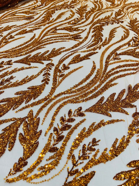 Luxury Festival Beaded Vine Lace Polyester Fabric - Heavy Beaded Mesh Lace, Double Scalloped, 50-54" Width (1 Yard)