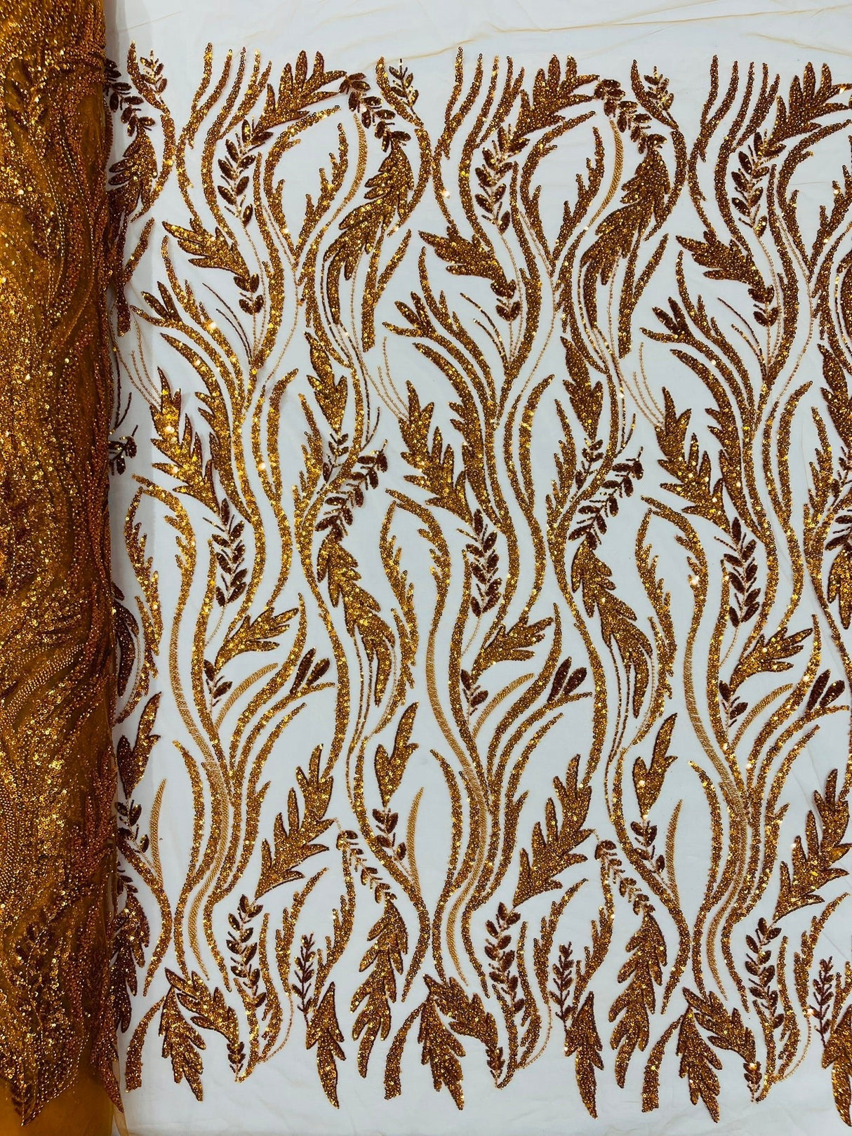 Luxury Festival Beaded Vine Lace Polyester Fabric - Heavy Beaded Mesh Lace, Double Scalloped, 50-54" Width (1 Yard)