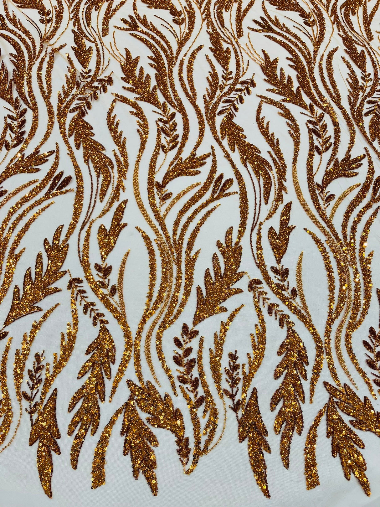 Luxury Festival Beaded Vine Lace Polyester Fabric - Heavy Beaded Mesh Lace, Double Scalloped, 50-54" Width (1 Yard)