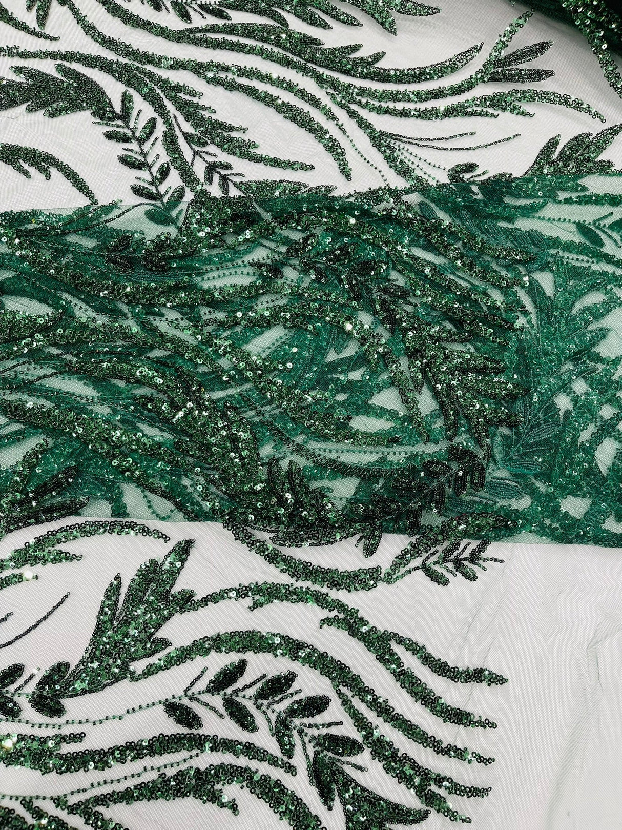 Luxury Festival Beaded Vine Lace Polyester Fabric - Heavy Beaded Mesh Lace, Double Scalloped, 50-54" Width (1 Yard)