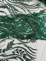 Luxury Festival Beaded Vine Lace Polyester Fabric - Heavy Beaded Mesh Lace, Double Scalloped, 50-54" Width (1 Yard)