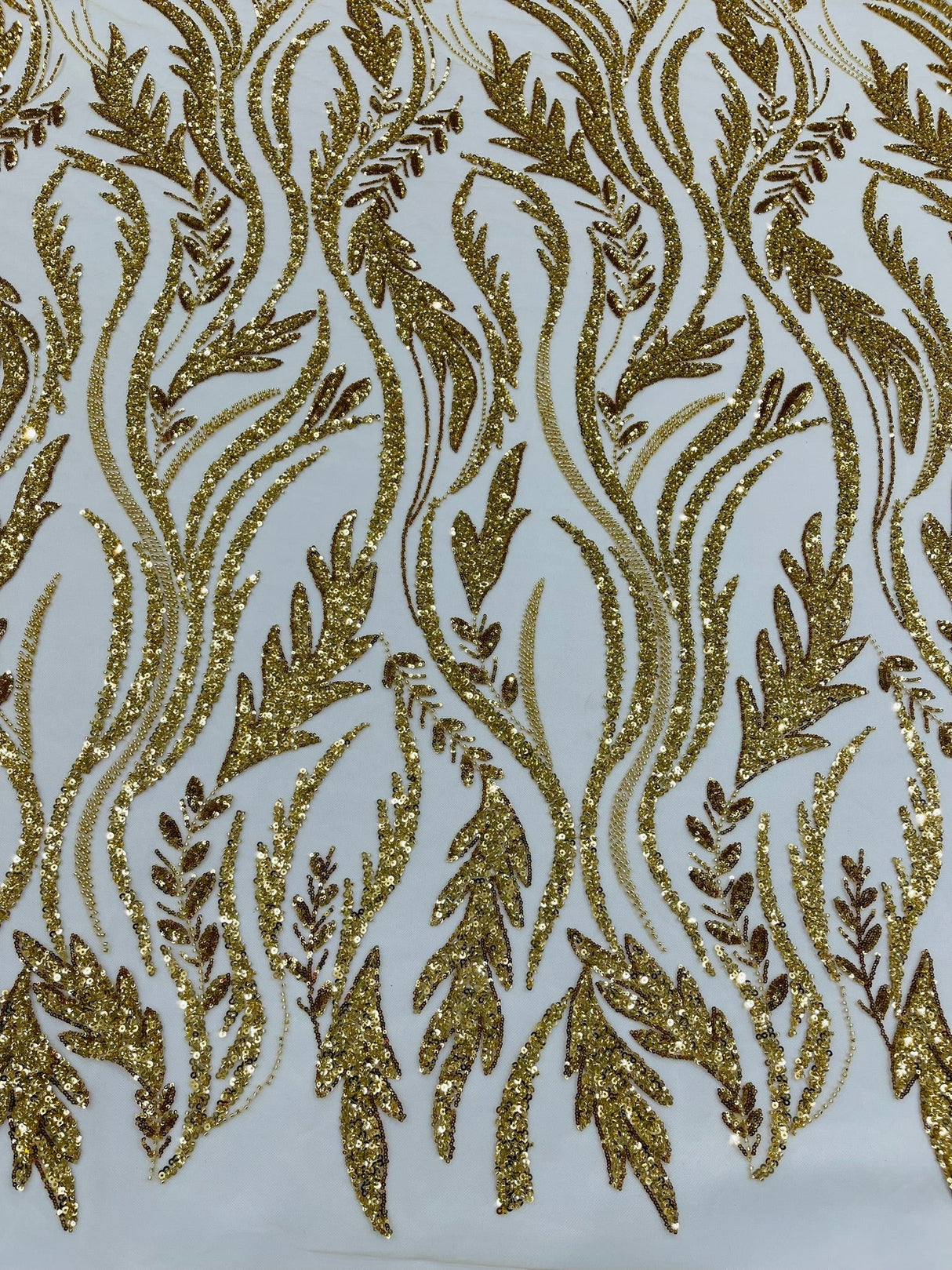 Luxury Festival Beaded Vine Lace Polyester Fabric - Heavy Beaded Mesh Lace, Double Scalloped, 50-54" Width (1 Yard)