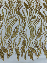 Luxury Festival Beaded Vine Lace Polyester Fabric - Heavy Beaded Mesh Lace, Double Scalloped, 50-54" Width (1 Yard)