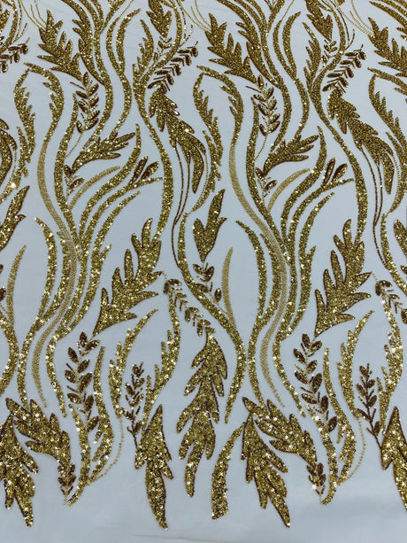 Luxury Festival Beaded Vine Lace Polyester Fabric - Heavy Beaded Mesh Lace, Double Scalloped, 50-54" Width (1 Yard)