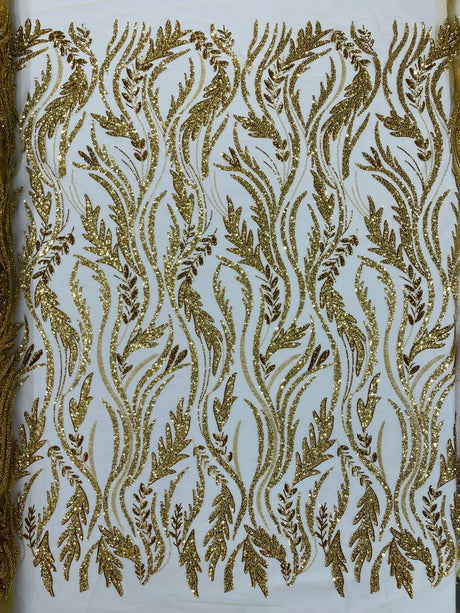 Luxury Festival Beaded Vine Lace Polyester Fabric - Heavy Beaded Mesh Lace, Double Scalloped, 50-54" Width (1 Yard)