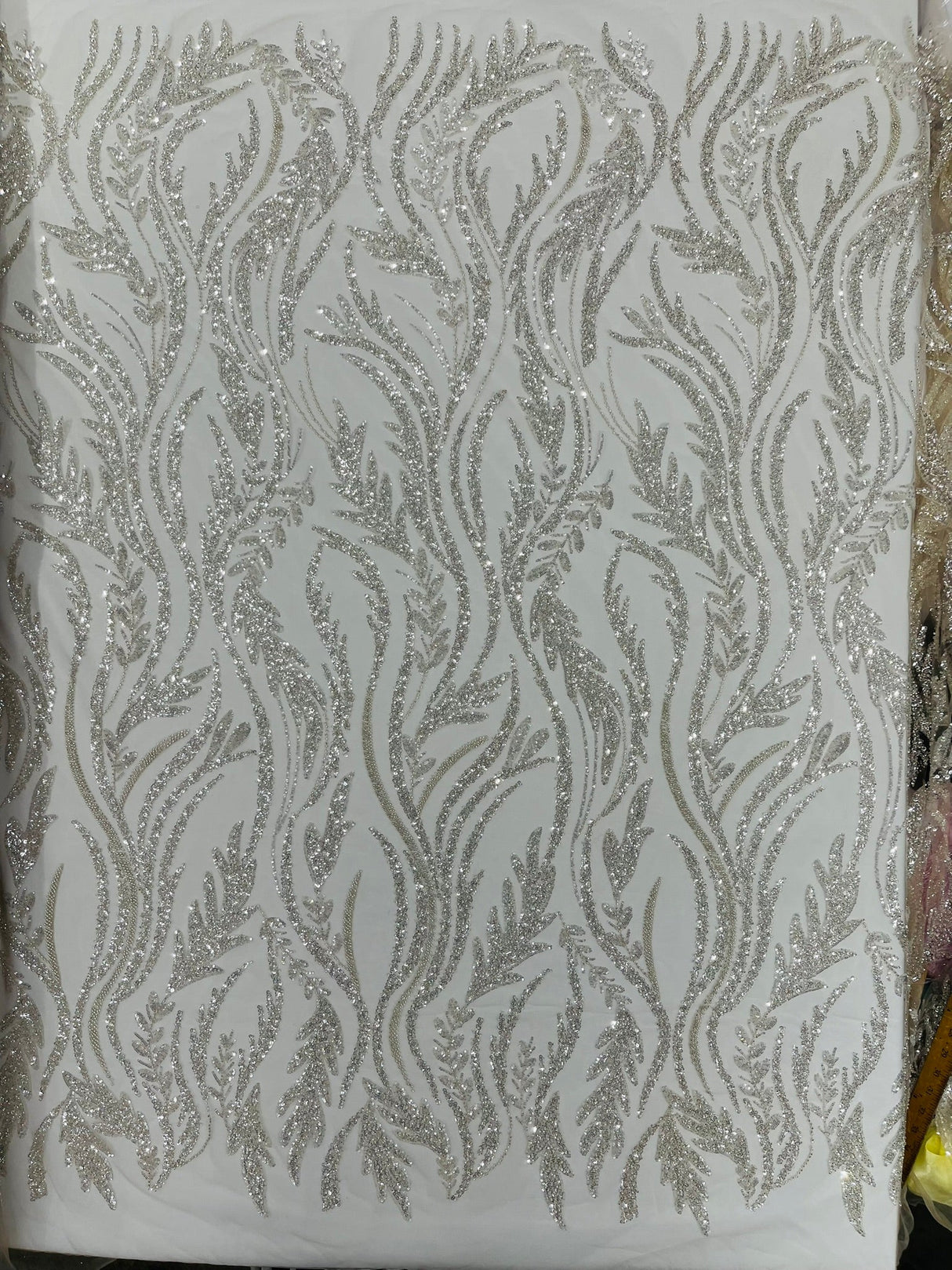 Luxury Festival Beaded Vine Lace Polyester Fabric - Heavy Beaded Mesh Lace, Double Scalloped, 50-54" Width (1 Yard)