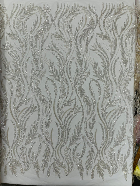 Luxury Festival Beaded Vine Lace Polyester Fabric - Heavy Beaded Mesh Lace, Double Scalloped, 50-54" Width (1 Yard)