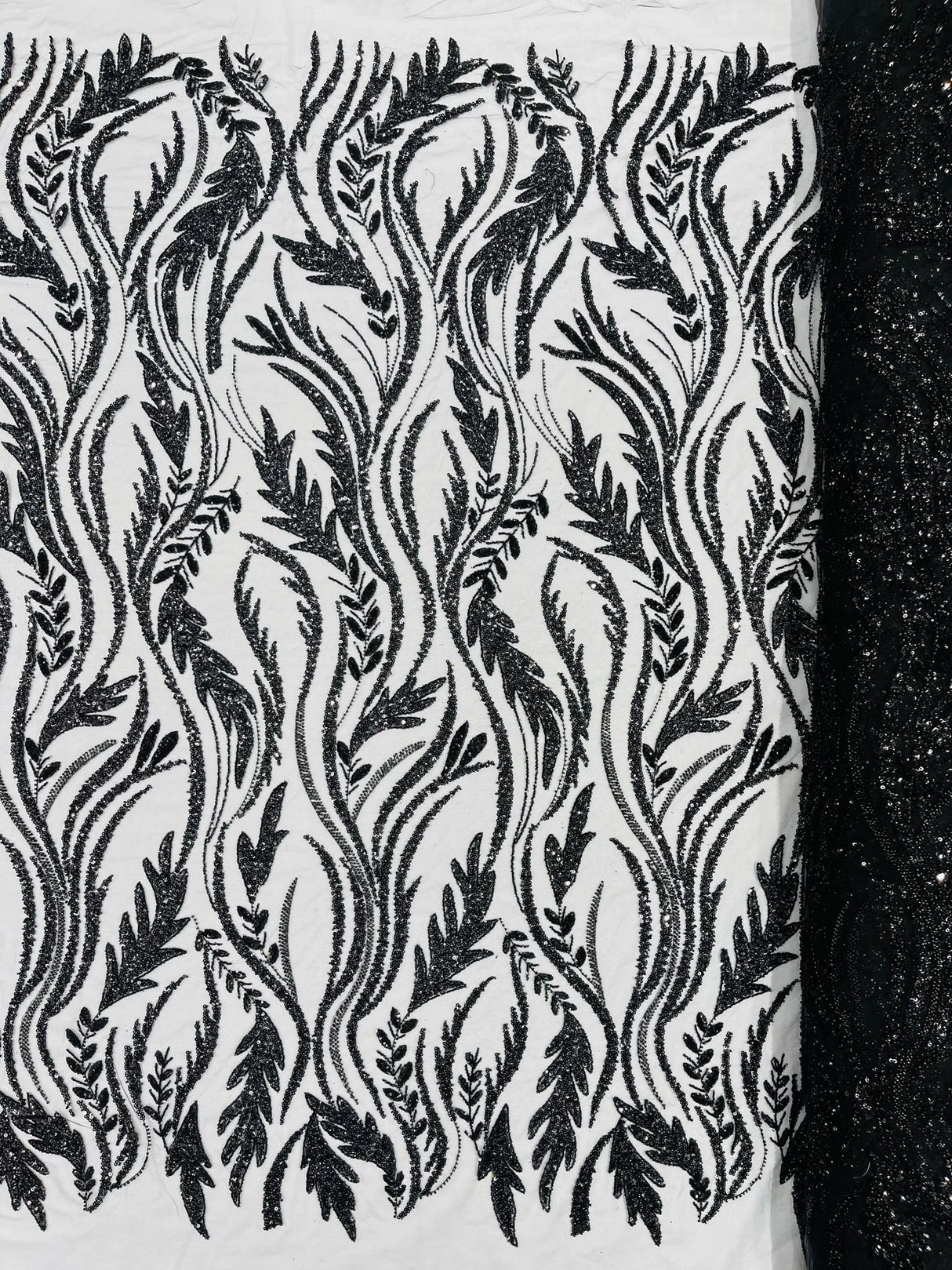 Luxury Festival Beaded Vine Lace Polyester Fabric - Heavy Beaded Mesh Lace, Double Scalloped, 50-54" Width (1 Yard)