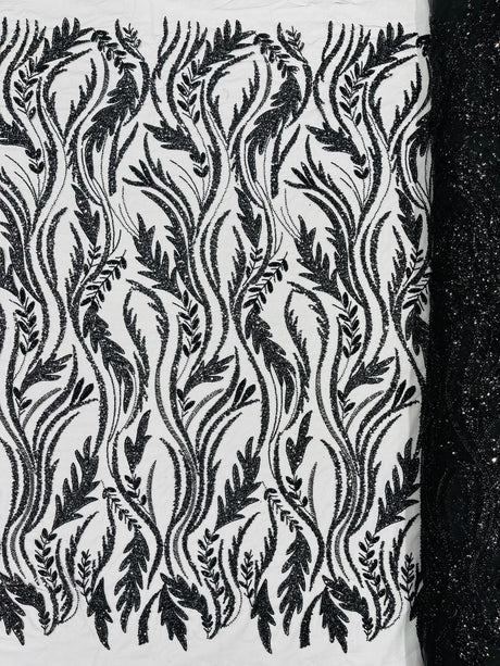 Luxury Festival Beaded Vine Lace Polyester Fabric - Heavy Beaded Mesh Lace, Double Scalloped, 50-54" Width (1 Yard)