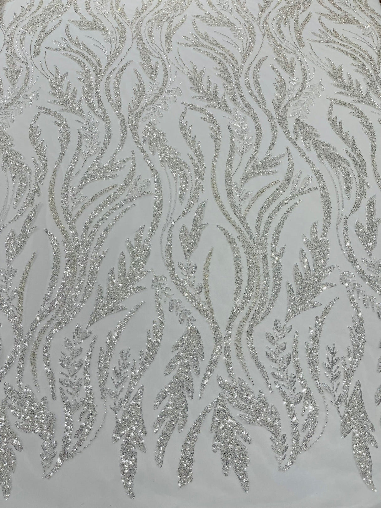 Luxury Festival Beaded Vine Lace Polyester Fabric - Heavy Beaded Mesh Lace, Double Scalloped, 50-54" Width (1 Yard)