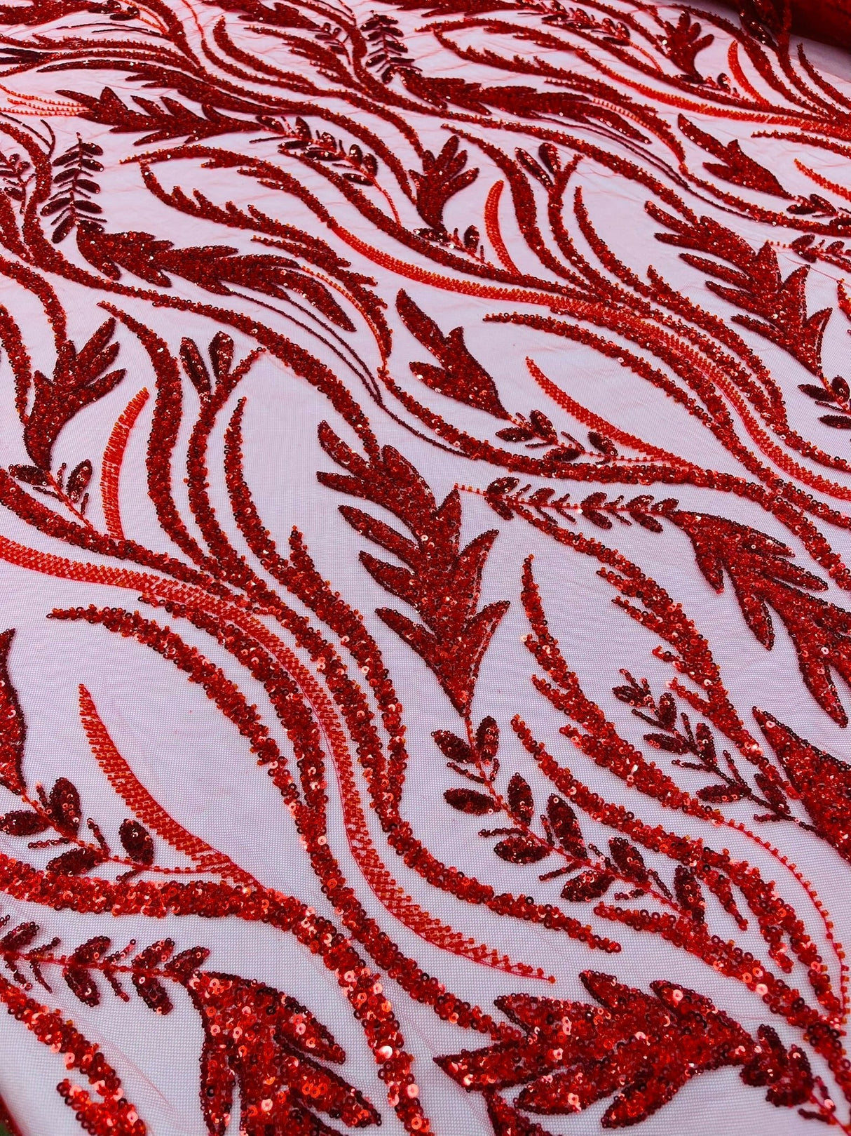 Luxury Festival Beaded Vine Lace Polyester Fabric - Heavy Beaded Mesh Lace, Double Scalloped, 50-54" Width (1 Yard)