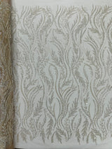 Luxury Festival Beaded Vine Lace Polyester Fabric - Heavy Beaded Mesh Lace, Double Scalloped, 50-54" Width (1 Yard)