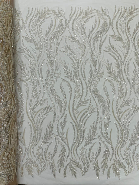 Luxury Festival Beaded Vine Lace Polyester Fabric - Heavy Beaded Mesh Lace, Double Scalloped, 50-54" Width (1 Yard)