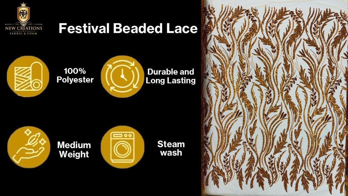 Luxury Festival Beaded Vine Lace Polyester Fabric - Heavy Beaded Mesh Lace, Double Scalloped, 50-54" Width (1 Yard)