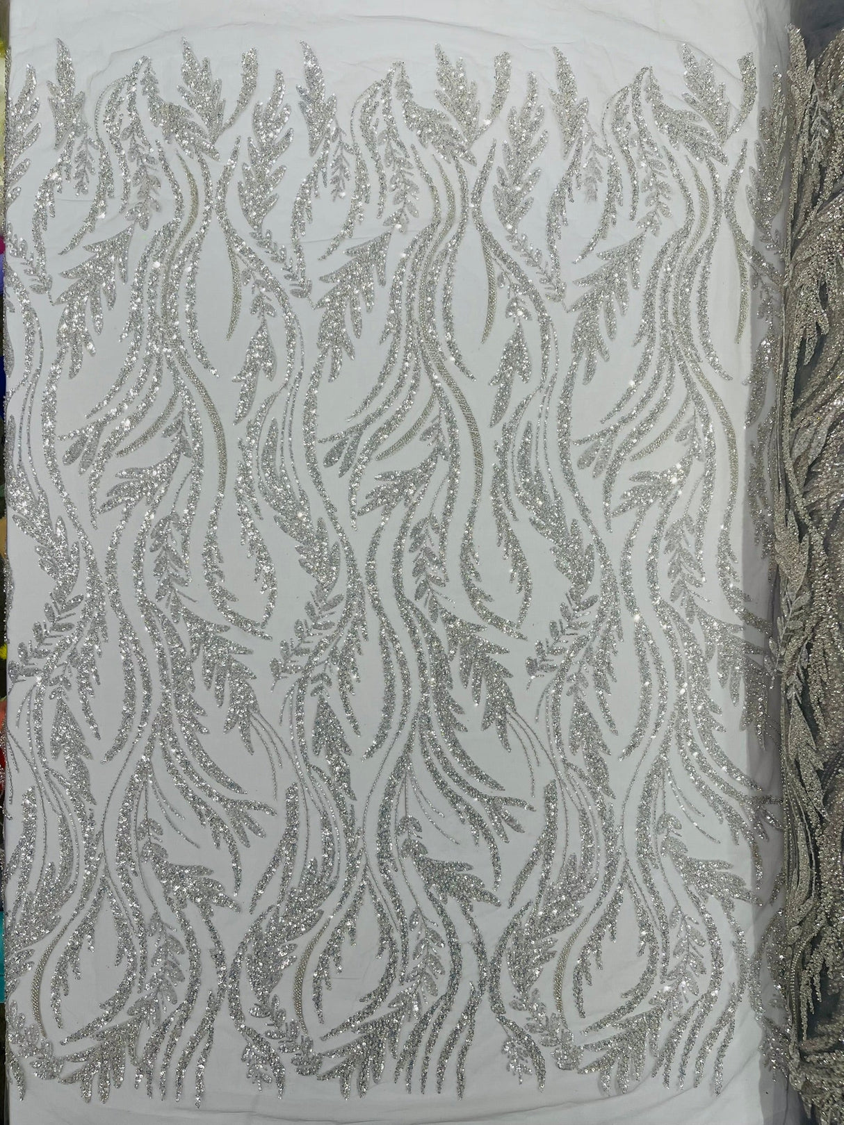 Luxury Festival Beaded Vine Lace Polyester Fabric - Heavy Beaded Mesh Lace, Double Scalloped, 50-54" Width (1 Yard)