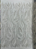 Luxury Festival Beaded Vine Lace Polyester Fabric - Heavy Beaded Mesh Lace, Double Scalloped, 50-54" Width (1 Yard)