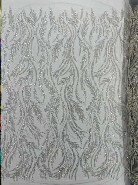 Luxury Festival Beaded Vine Lace Polyester Fabric - Heavy Beaded Mesh Lace, Double Scalloped, 50-54" Width (1 Yard)