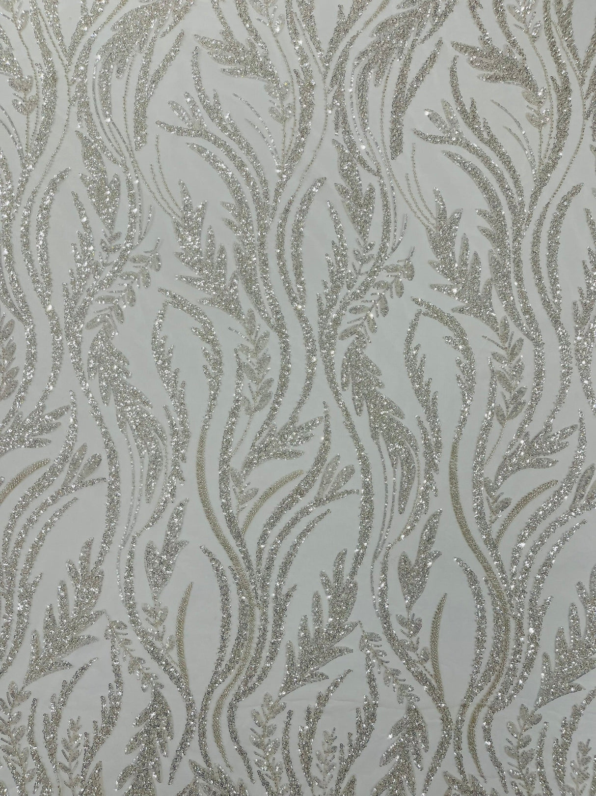 Luxury Festival Beaded Vine Lace Polyester Fabric - Heavy Beaded Mesh Lace, Double Scalloped, 50-54" Width (1 Yard)