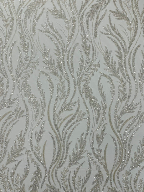 Luxury Festival Beaded Vine Lace Polyester Fabric - Heavy Beaded Mesh Lace, Double Scalloped, 50-54" Width (1 Yard)