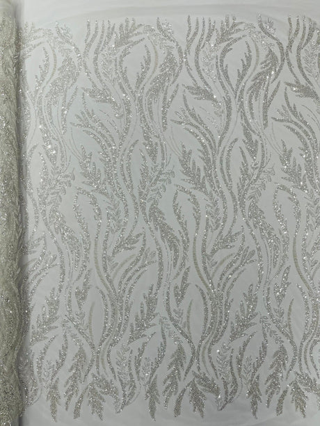 Luxury Festival Beaded Vine Lace Polyester Fabric - Heavy Beaded Mesh Lace, Double Scalloped, 50-54" Width (1 Yard)