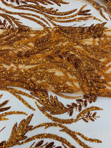 Luxury Festival Beaded Vine Lace Polyester Fabric - Heavy Beaded Mesh Lace, Double Scalloped, 50-54" Width (1 Yard)