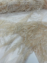 Luxury Festival Beaded Vine Lace Polyester Fabric - Heavy Beaded Mesh Lace, Double Scalloped, 50-54" Width (1 Yard)